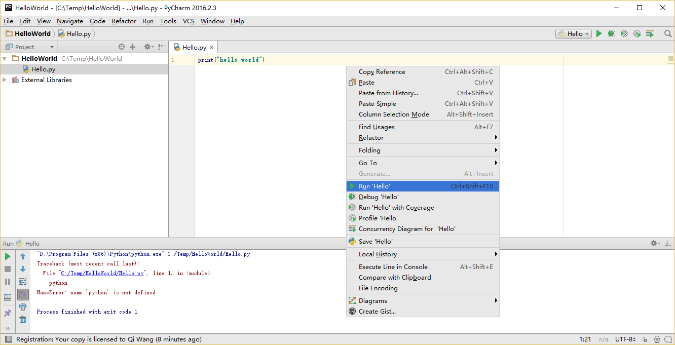 PyCharm Run ‘hello’